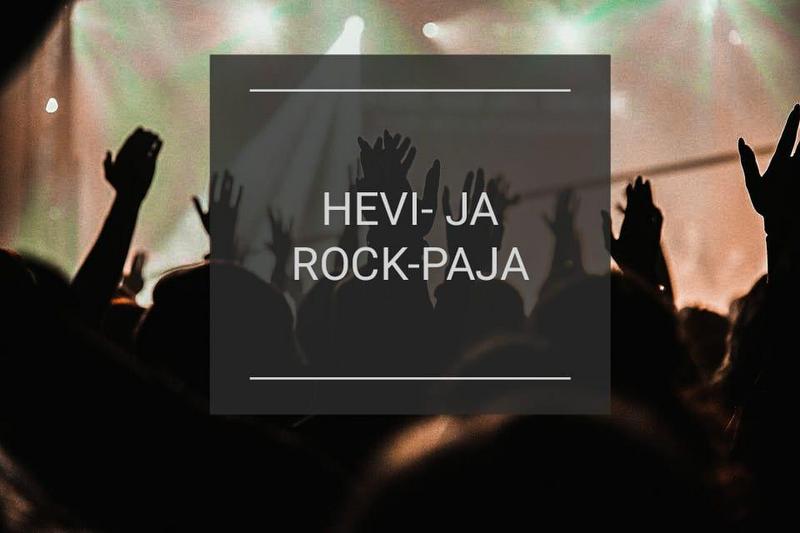 Kuvassa konserttiyleisöä, joilla kädet pystyssä, sekä teksti Hevi- ja rockpaja.